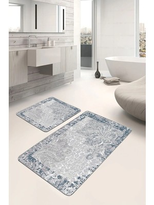 Rem Home Remhome Mavi Beyaz Zeminde Çerçeveli Motifli Otantik Eskitme Motifli Vintage 2'li Banyo Mutfak Paspas Takımı Takım Banyo Paspası