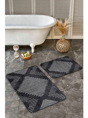 Rem Home Remhome 2'li Set Siyah Zeminde Tribal Motifli El Dokuma Geometrik Sade & Şık 2'li Banyo Paspas Takımı Takım Banyo Paspası