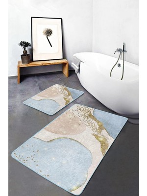Rem Home Remhome 2'li Gold - Mavi Zeminde Altın Motifli Tablo Desenli Bohem Klasik 2'li Banyo & Mutfak Paspas Takımı Takım Banyo Paspası