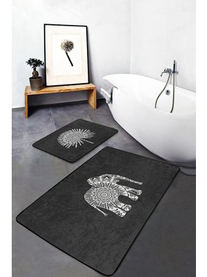 Rem Home Remhome Siyah Zemin Etnik Fil Motifli 2'li Banyo & Mutfak Paspas Takımı Klozet Paspas Seti Takım Banyo Paspası