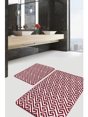 Rem Home Remhome 2li Set Bordo Zeminde Geometrik Motifli Mozaik Desenli Geometrik Sade & Şık 2'li Banyo Paspas Takımı Takım Banyo Paspası