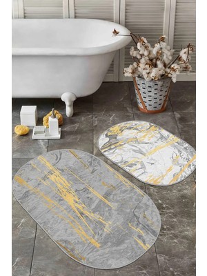 Rem Home Remhome Gri Beyaz Mermer Motifli Dijital Baskılı 2'li Oval Kaymaz Tabanlı Banyo & Mutfak Paspas Takımı Takım Banyo Paspası