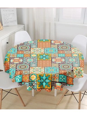 Rem Home Remhome Etnik Lacivert Üç Büyük Kare Desen Tasarımlı Yuvarlak Masa Örtüsü - Çap 140CM 140 x 140 cm