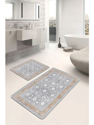 Rem Home Remhome Gri Beyaz Zeminde Çerçeveli Motifli Çiçek Avangarde Eskitme Motifli 2'li Banyo Mutfak Paspas Takımı Takım Banyo Paspası