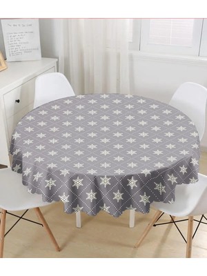 Rem Home Remhome Gri Zeminli Kar Tanesi Desenli Dijital Baskılı Modern Yuvarlak Masa Örtüsü  Çap 140 cm 140 x 140 cm