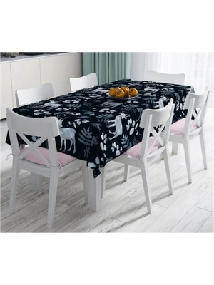 Rem Home Remhome Lacivert Zeminde Geyik ve Yaprak Motifleri Dijital Baskılı Masa ÖRTÜSÜ-120X140 cm