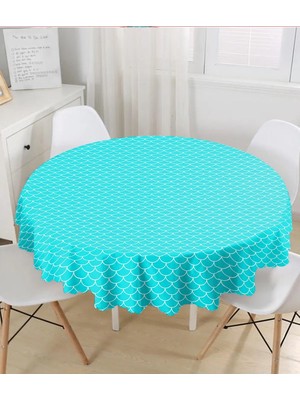 Rem Home Remhome Turkuaz Renkli Pul Tasarımlı Dijital Baskılı Yuvarlak Masa Örtüsü - Çap 140CM 140 x 140 cm