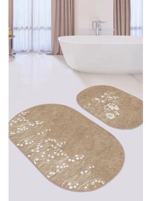 Rem Home Remhome Kahve Zemin Beyaz Çiçek Özel Tasarımlı 2'li Oval Kaymaz Tabanlı Banyo & Mutfak Paspas Takımı Takım Banyo Paspası