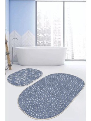 Rem Home Remhome Mavi Kod Desenli Dijital Baskılı 2'li Oval Kaymaz Tabanlı Banyo & Mutfak Paspas Takımı Takım Banyo Paspası