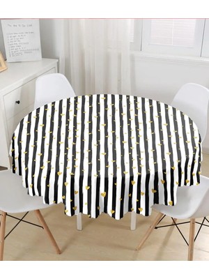 Rem Home Remhome Beyaz Zemin Üzerinde Gold Detaylı Çizgili Yuvarlak Masa Örtüsü - Çap 140CM 140 x 140 cm