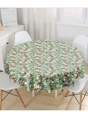 Rem Home Remhome Beyaz Zemin Üzerinde Yaprak Desenli Kiraz Motifli Modern Yuvarlak Masa Örtüsü - Çap 140CM 140 x 140 cm