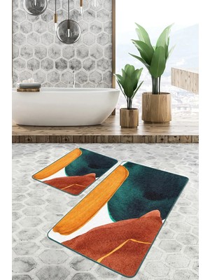 Rem Home Remhome 2'li Set Sarı Lacivert Zeminde Tablo Motifli Abstract Desenli Bohem Modern 2'li Banyo Paspas Takımı Takım Banyo Paspası