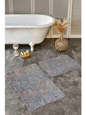 Rem Home Remhome 2'li Set Gri Zeminde Eskitme Motifli Geometrik Eskitme Motifli Geometrik 2'li Banyo Paspas Takımı Takım Banyo Paspası