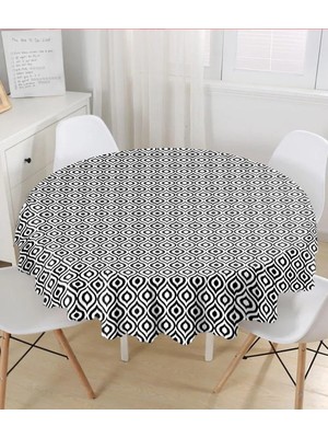 Rem Home Remhome Özel Tasarım Siyah Ikat Desenli Dijital Baskılı Yuvarlak Masa Örtüsü - Çap 140CM 140 x 140 cm