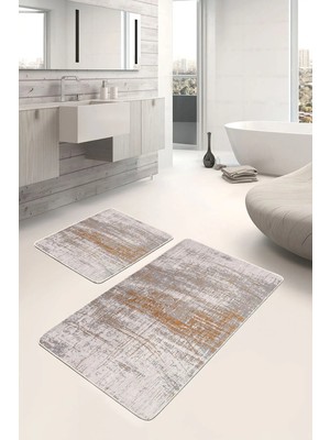 Rem Home Remhome 2'li Set Renkli Zeminde Modern Motifli Halı Desenli Vintage Eskitme Motifli 2'li Banyo Paspas Takımı Takım Banyo Paspası