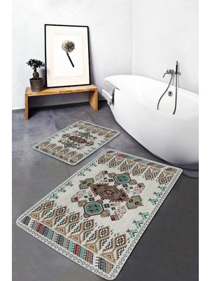 Rem Home Remhome Ekru Zeminde Antika Motifli Dokuma Halı Etnik Motifler Avangarde 2'li Banyo & Mutfak Paspas Takımı Takım Banyo Paspası
