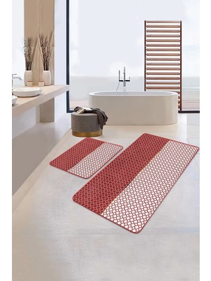 Rem Home Remhome Kahverengi Ogea Motifli Dijital Baskılı 2'li Kaymaz Tabanlı Banyo & Mutfak Paspas Takımı Takım Banyo Paspası