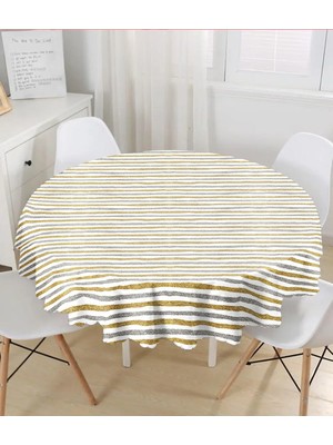 Rem Home Remhome Beyaz Zeminde Gold ve Siyah Çizgili Dijital Baskılı Modern Yuvarlak Masa Örtüsü - Çap 140CM 140 x 140 cm