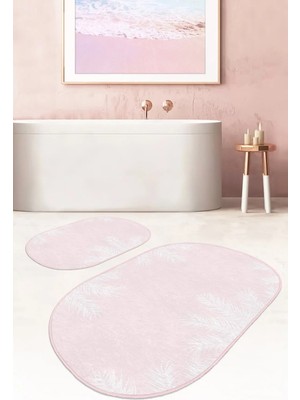 Rem Home Remhome Pembe Zemin Beyaz Tropik Yaprak Motifli 2'li Oval Kaymaz Tabanlı Banyo & Mutfak Paspas Takımı Takım Banyo Paspası