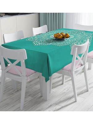 Rem Home Remhome Turkuaz Zeminde Mandala Çizimli Modern Dijital Baskılı Masa Örtüsü 90 x 90 cm