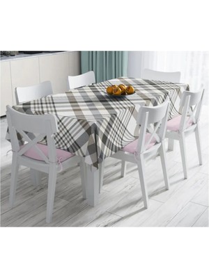 Rem Home Remhome Gri Krem Ekose Desenli Dijital Baskılı Dekoratif Leke Tutmaz Masa ÖRTÜSÜ-120X140 cm