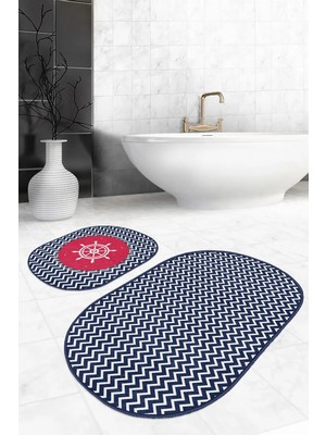 Rem Home Remhome Lacivert Zigzag Tasarımlı Dümen Motifli 2'li Oval Kaymaz Tabanlı Banyo & Mutfak Paspas Takımı Takım Banyo Paspası