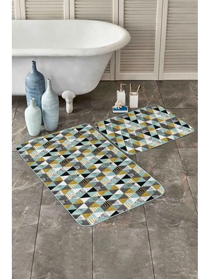 Rem Home Remhome Renkli Geometrik Üçgen Motifli Dijital Baskılı 2'li Kaymaz Tabanlı Banyo Mutfak Paspas Takımı Takım Banyo Paspası