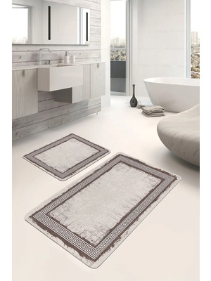 Rem Home Remhome Krem - Kahverengi Zeminde Çerçeveli Motifli Otantik Geometrik Sade & Şık 2'li Banyo Paspas Takımı Takım Banyo Paspası
