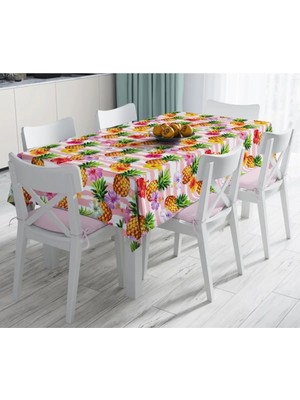 Rem Home Remhome Pembe Zeminli Ananaslar Özel Tasarım Leke Tutmaz Masa ÖRTÜSÜ-120X140 cm 90 x 90 cm