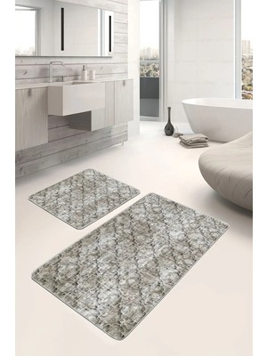 Rem Home Remhome 2'li Set Krem Zeminde Etnik Motifli Eskitme Eskitme Motifli Geometrik 2'li Banyo Paspas Takımı Takım Banyo Paspası
