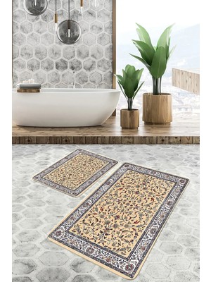 Rem Home Remhome 2'li Set Bej Zeminde Kilim Motifli Osmanlı Desenli Vintage Etnik Motifler 2'li Banyo Paspas Takımı Takım Banyo Paspası