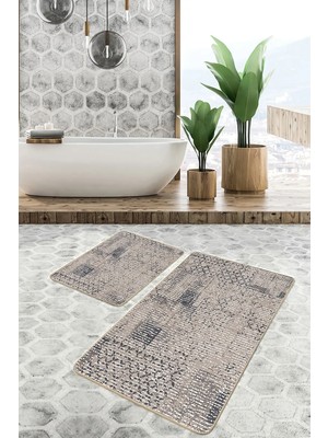 Rem Home Remhome Kahverengi Zeminde Örme Motifli Eskitme Geometrik Eskitme Motifli 2'li Banyo & Mutfak Paspas Takımı Takım Banyo Paspası