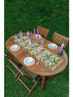 Rem Home Remhome Yeşil Damask Tasarımlı Dijital Baskılı Dekoratif 1 Adet Runner & 4 Adet Renkli Amerikan Servis