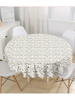Rem Home Remhome Siyah Beyaz Zeminli Gold Yaprak Desenli Dijital Baskılı Modern Yuvarlak Masa Örtüsü - Çap 140CM 140 x 140 cm