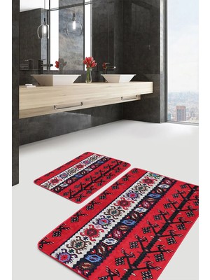 Rem Home Remhome 2'li Set Kırmızı Zeminde Hereke Motifli Geleneksel Etnik Motifler Klasik 2'li Banyo Paspas Takımı Takım Banyo Paspası