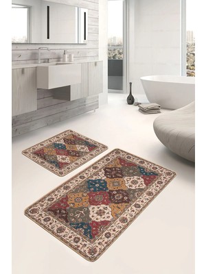 Rem Home Remhome Krem - Kırmızı Zeminde Uşak Motifli Kilim Avangarde Etnik Motifler 2'li Banyo & Mutfak Paspas Takımı Takım Banyo Paspası