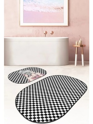 Rem Home Remhome Fotoğraf Çeken Kız Dama Temalı 2'li Oval Kaymaz Tabanlı Banyo & Mutfak Paspas Takımı Takım Banyo Paspası