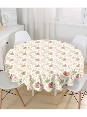 Rem Home Remhome Beyaz Zemin Üzerinde Sonbahar Yapraklı Kozalak Desenli Yuvarlak Masa Örtüsü - Çap 140CM 140 x 140 cm