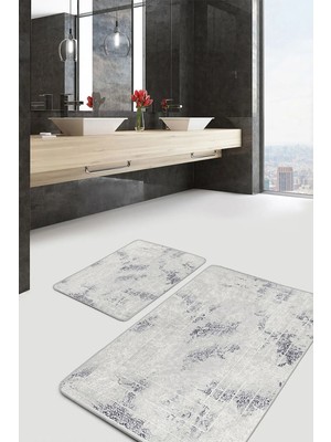 Rem Home Remhome 2'li Set Gri Zeminde Çerçeveli Motifli Eskitme Eskitme Motifli Geometrik 2'li Banyo Paspas Takımı Takım Banyo Paspası