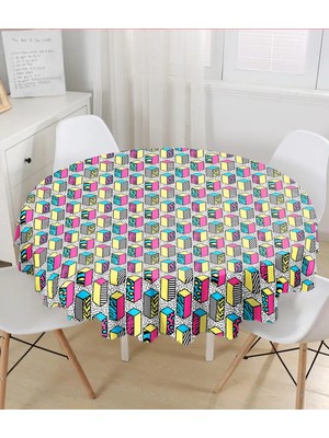 Rem Home Remhome Beyaz Zeminde Renkli Geometrik Desenli Dijital Baskılı Modern Yuvarlak Masa Örtüsü - Çap 140CM 140 x 140 cm