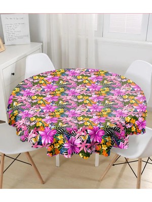 Rem Home Remhome Siyah Zeminde Tropikal Desenli Özel Tasarımlı Yuvarlak Masa Örtüsü Çap 140 cm 140 x 140 cm