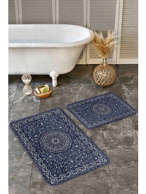 Rem Home Remhome 2'li Set Lacivert Zeminde Otantik Motifli Pers Etnik Motifler Vintage 2'li Banyo Paspas Takımı Takım Banyo Paspası