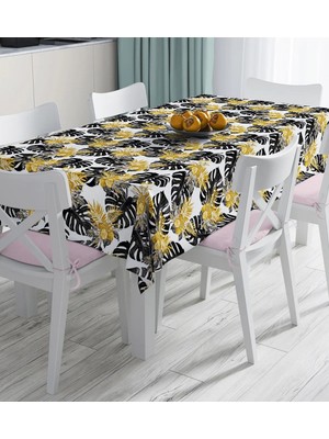 Rem Home Remhome Beyaz Zemin Üzerinde Gold Detaylı Siyah Yaprak Desenli Dijital Baskılı Masa Örtüsü 90 x 90 cm