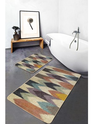 Rem Home Remhome Örgü Zeminde Patchwork Motifli Kilim Desenli Vintage Sade & Şık 2'li Banyo & Mutfak Paspas Takımı Takım Banyo Paspası