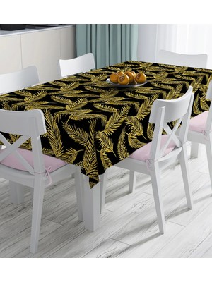 Rem Home Remhome Siyah Zemin Üzerinde Gold Renkli Yaprak Desenli Dijital Baskılı Masa Örtüsü 90 x 90 cm
