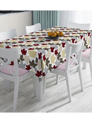 Rem Home Remhome Beyaz Zemin Üzerinde Ekoseli Yaprak Desenli Dijital Baskılı Masa Örtüsü 90 x 90 cm