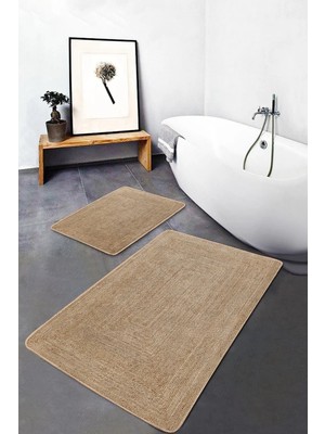 Rem Home Remhome 2'li Set Krem Zeminde Hasır Motifli Geleneksel Desenli Sade & Şık Vintage 2'li Banyo Paspas Takımı Takım Banyo Paspası