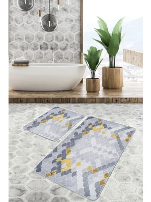 Rem Home Remhome 2'li Set Gold - Gri Zeminde Pul Motifli Geometrik Desenli Geometrik Klasik 2'li Banyo Paspas Takımı Takım Banyo Paspası