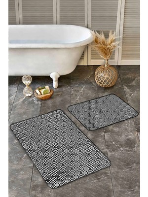 Rem Home Remhome Siyah Beyaz Zeminde Geometrik Motifli Mozaik Geometrik Sade & Şık 2'li Banyo & Mutfak Paspas Takımı Takım Banyo Paspası