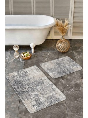 Rem Home Remhome Ekru - Gri Zeminde Eskitme Motifli Antik Etnik Motifler Eskitme Motifli 2'li Banyo Paspas Takımı Takım Banyo Paspası